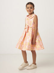 Floral print jacquard dress with boat neck and tie-up belt