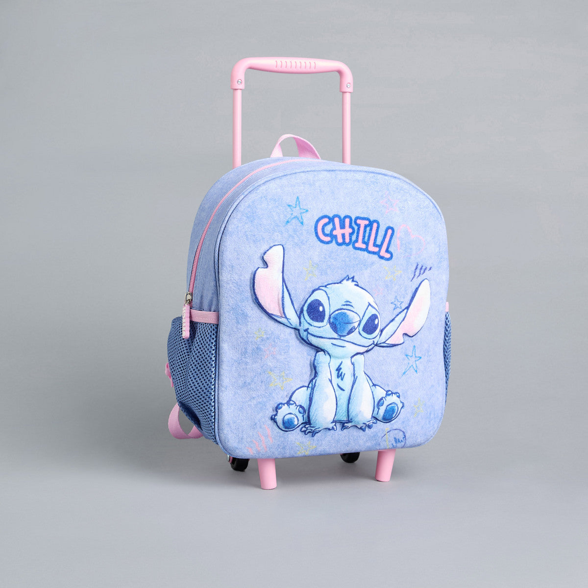 Stitch print trolley backpack with wheels and retractable handle