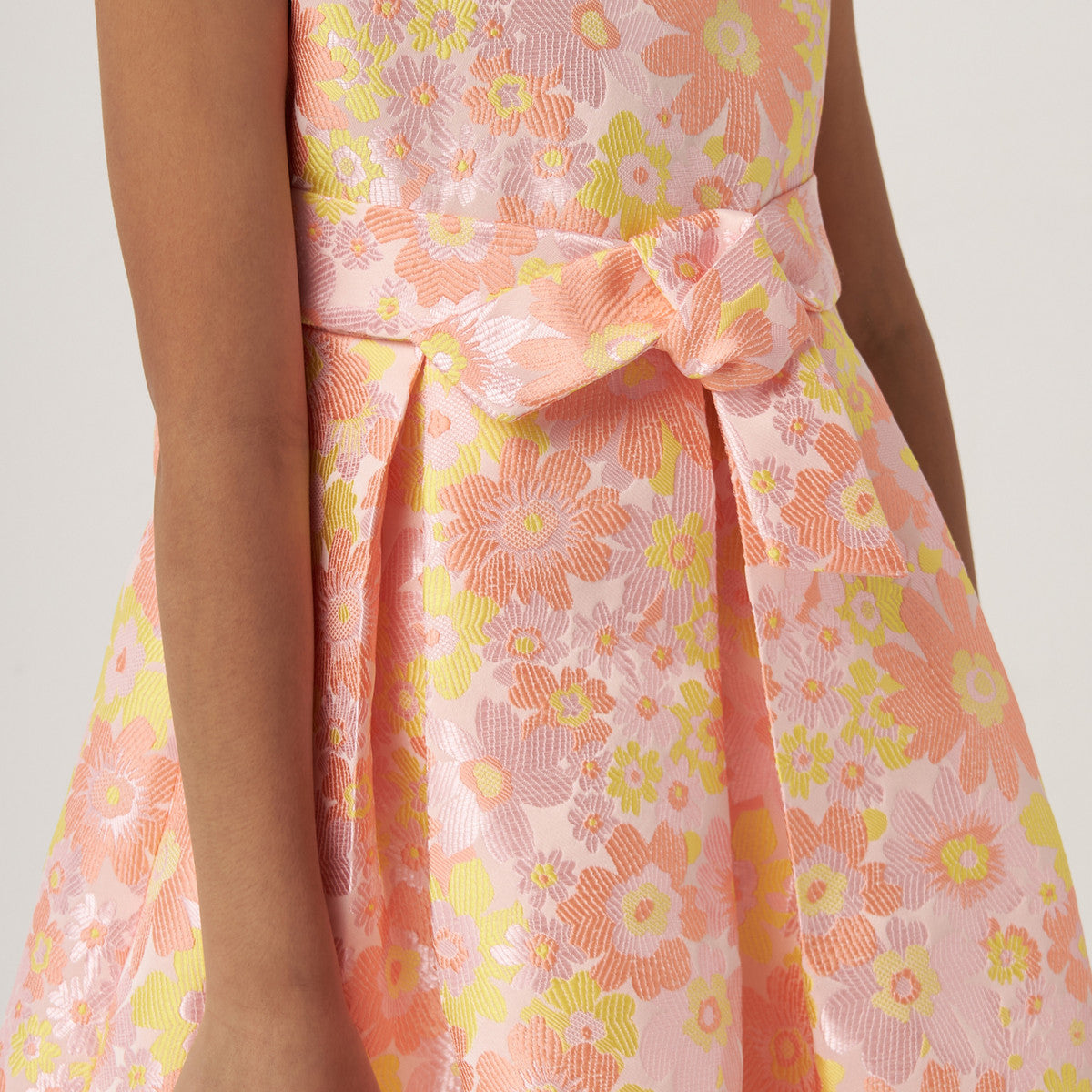 Floral print jacquard dress with boat neck and tie-up belt