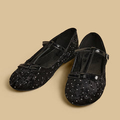 Embellished T-Strap velvet ballerina shoes with buckle closure
