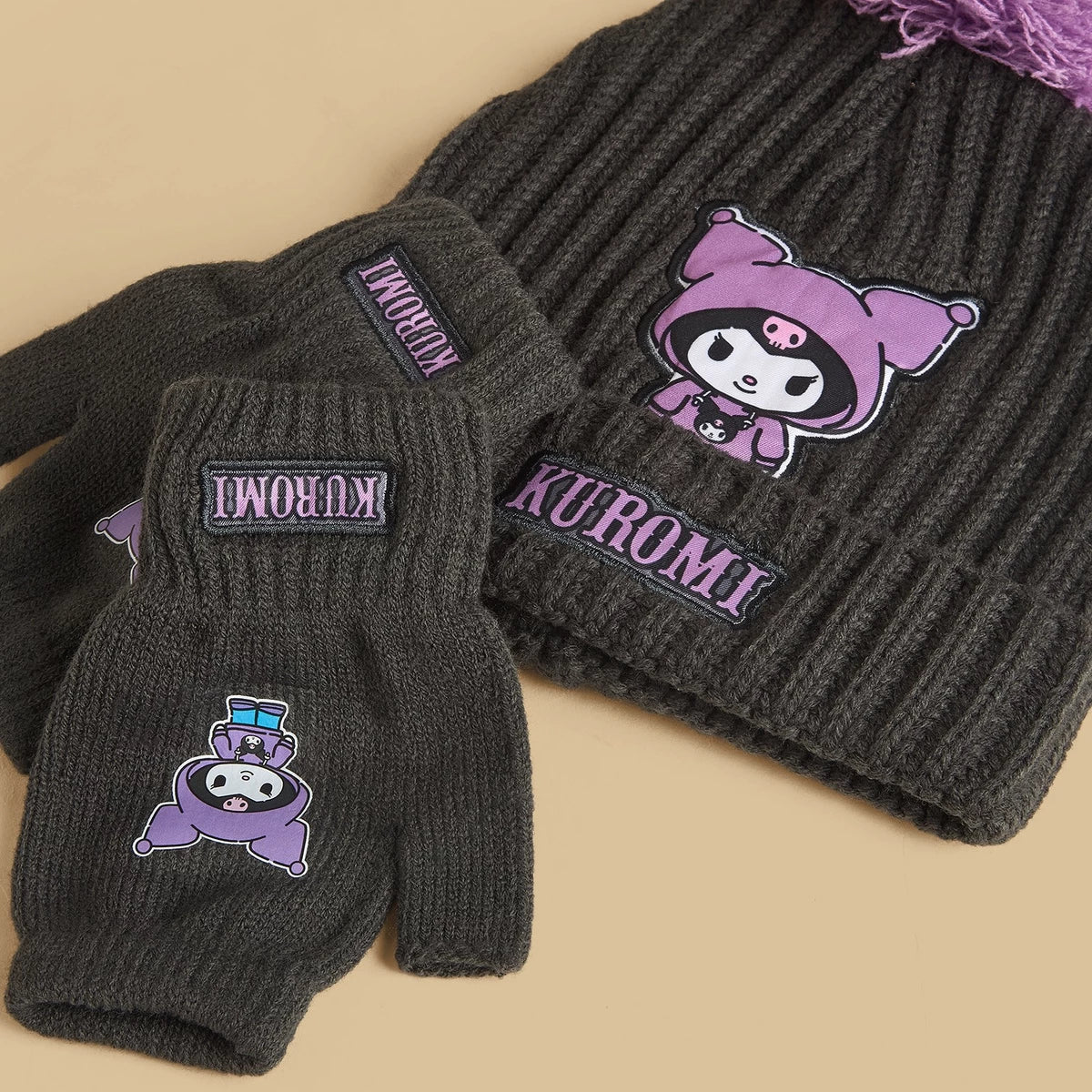 Kuromi beanie with fingerless gloves set