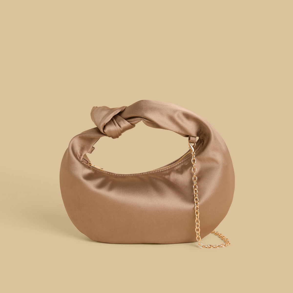 Elegant Brown Satin Knot Handbag with Gold Chain Strap