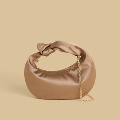 Elegant Brown Satin Knot Handbag with Gold Chain Strap