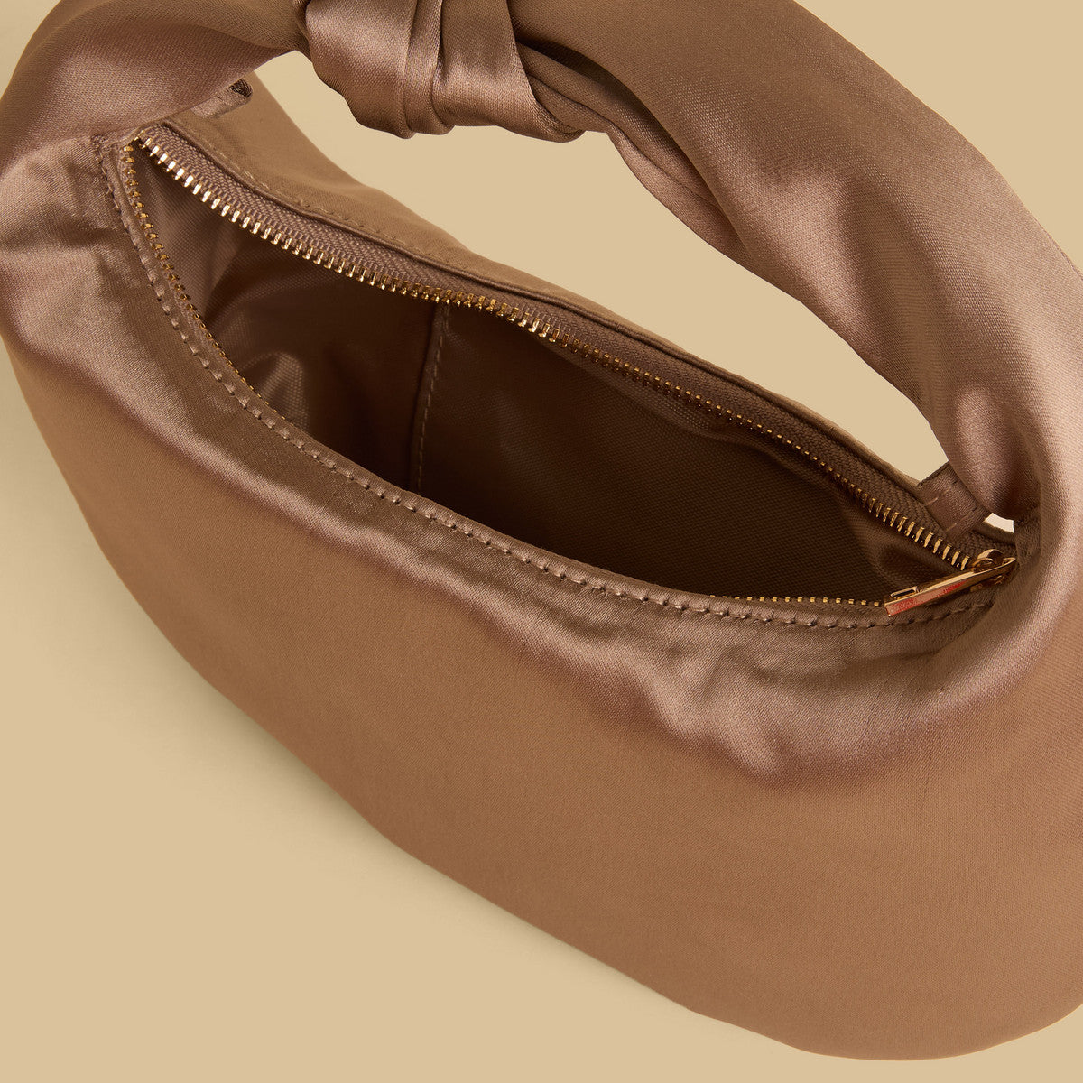 Elegant Brown Satin Knot Handbag with Gold Chain Strap