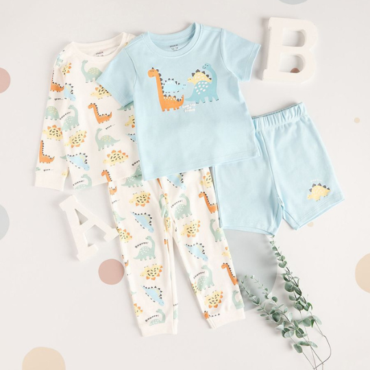 Dinosaur Print Cotton Pajama Set - Pack Of 4
