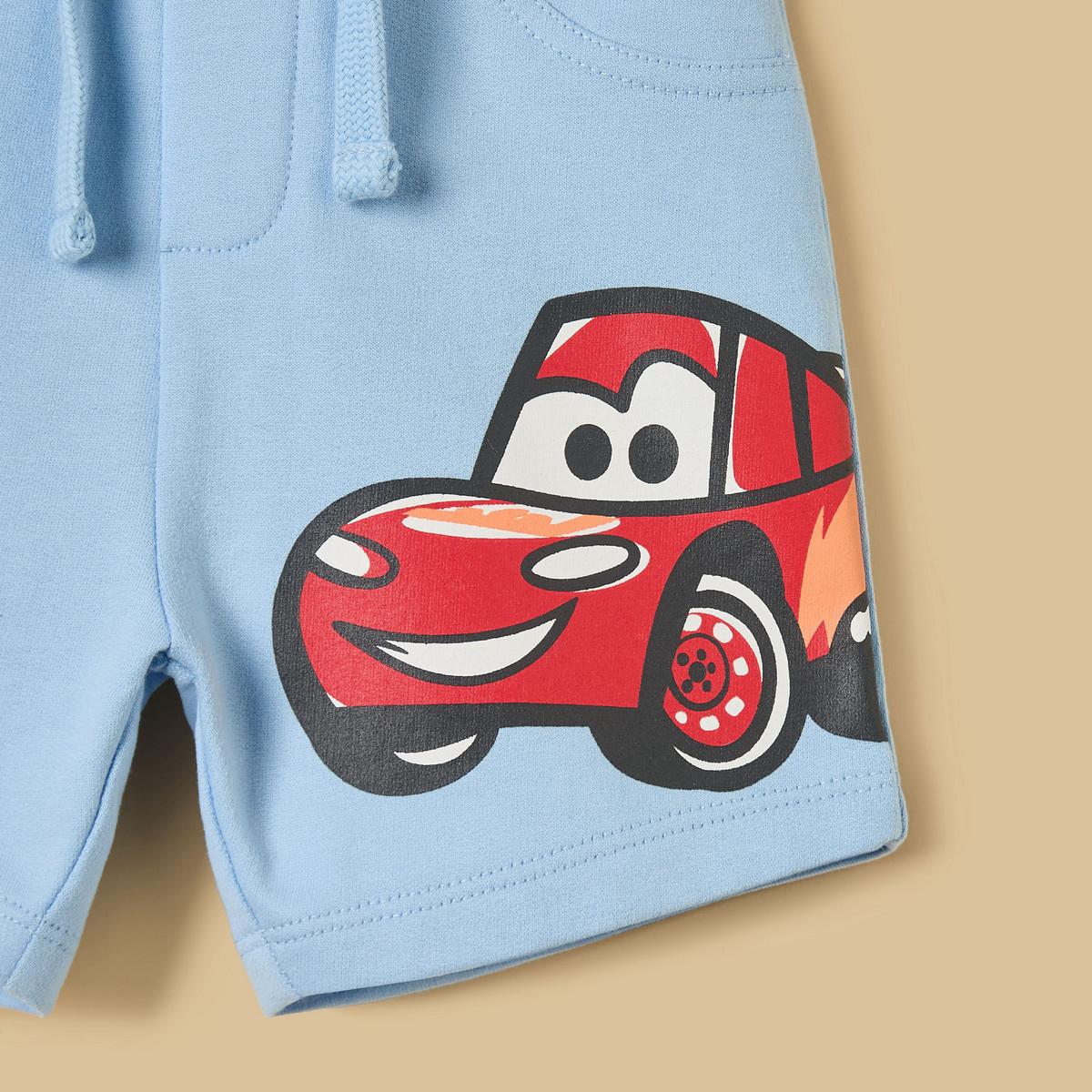Cars Print Striped Cotton T-Shirt & Shorts Set