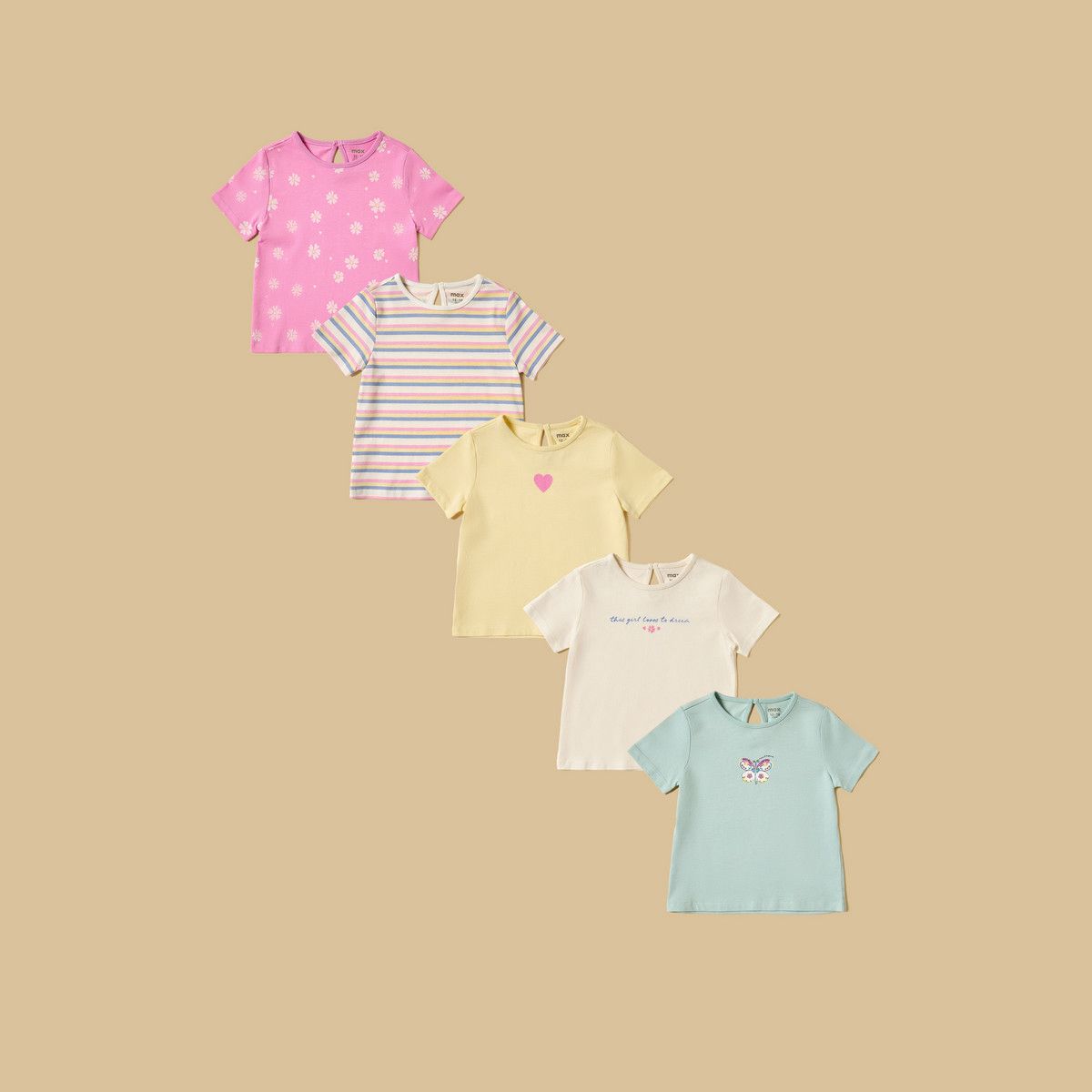 Pack of 5 Assorted Printed Cotton T-Shirts for Girls