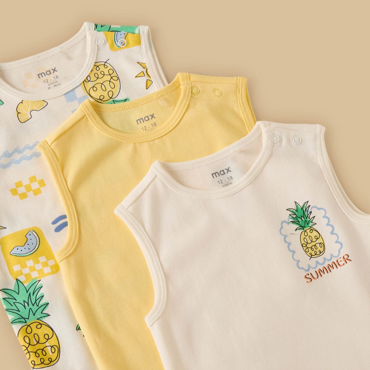 Pack of 3 – Printed Sleeveless Bodysuits for Boys