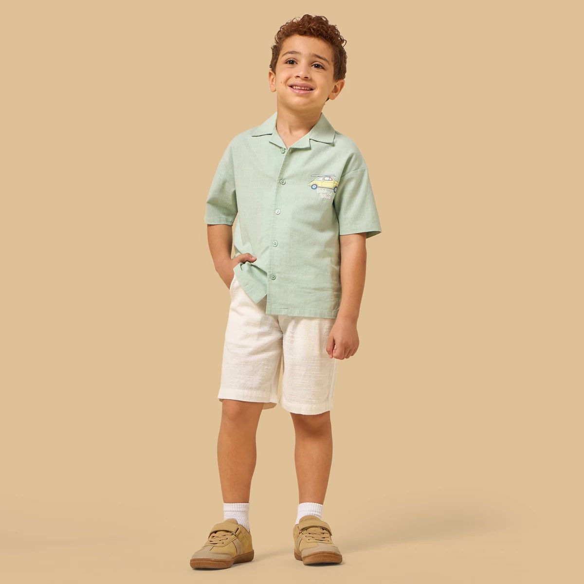 Print Linen Blend Shirt and Shorts Set