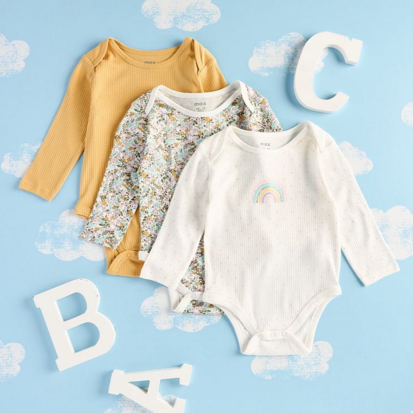 Pack of 3 Printed Bodysuits with Long Sleeves