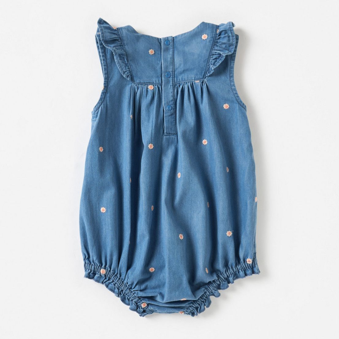 Embroidered Cotton Denim Romper with Cap