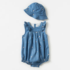 Embroidered Cotton Denim Romper with Cap
