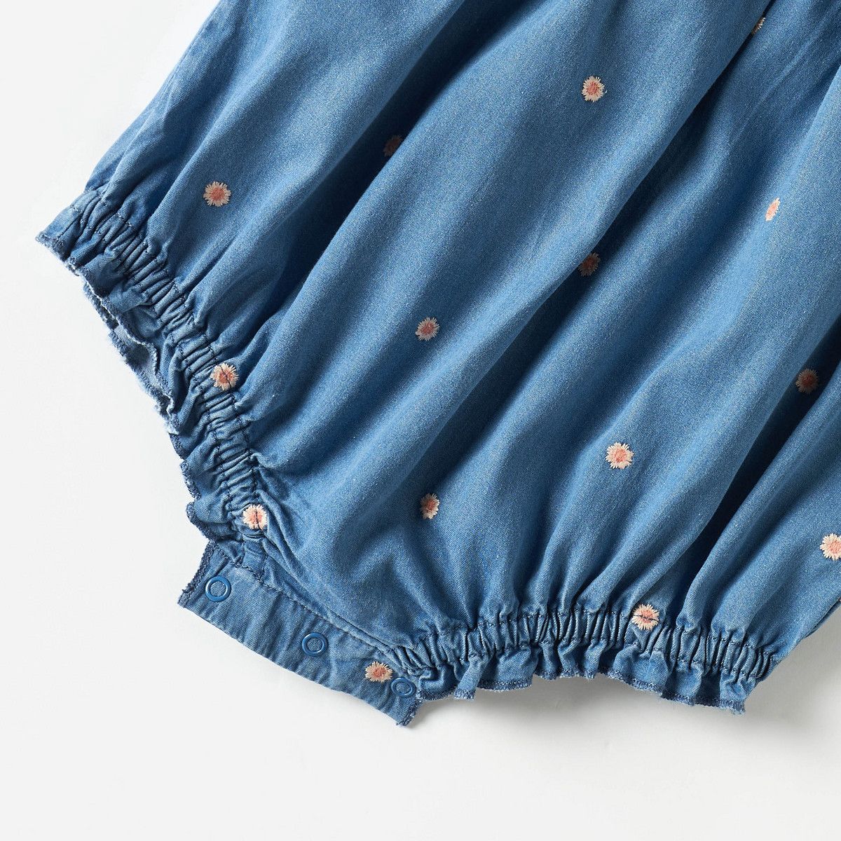 Embroidered Cotton Denim Romper with Cap