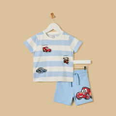 Cars Print Striped Cotton T-Shirt & Shorts Set