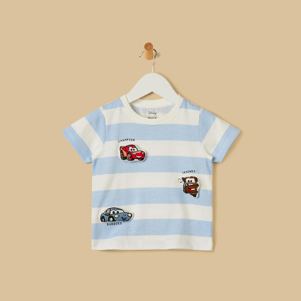 Cars Print Striped Cotton T-Shirt & Shorts Set