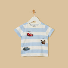 Cars Print Striped Cotton T-Shirt & Shorts Set