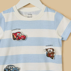 Cars Print Striped Cotton T-Shirt & Shorts Set