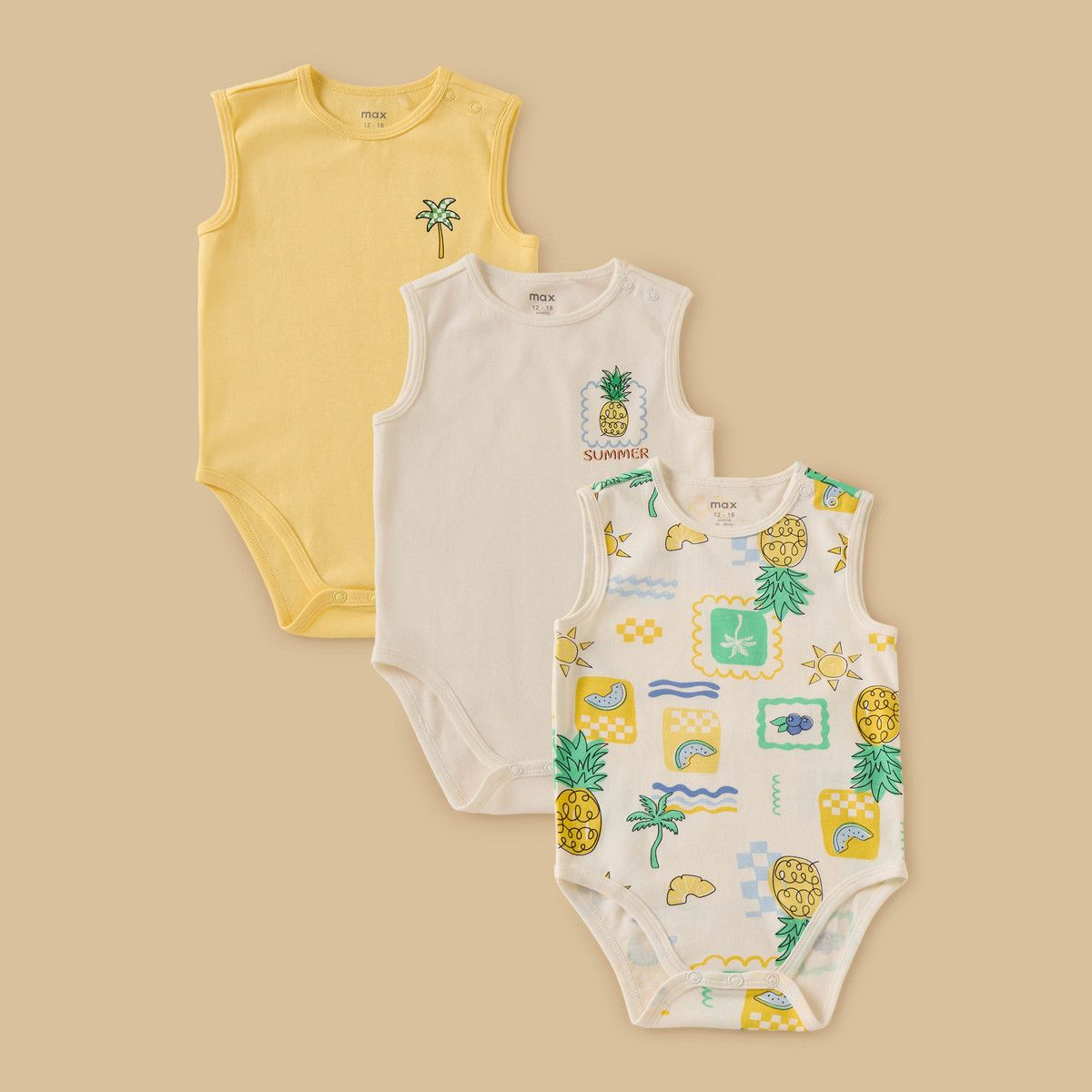 Pack of 3 – Printed Sleeveless Bodysuits for Boys