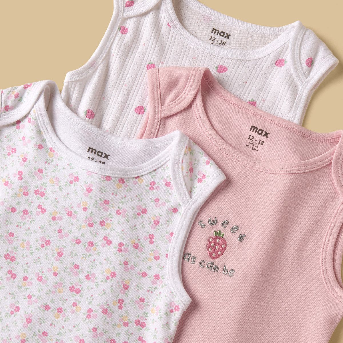 Pack of 3 - Strawberry Print Sleeveless Bodysuit